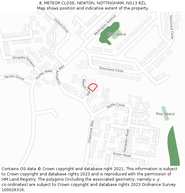 8, METEOR CLOSE, NEWTON, NOTTINGHAM, NG13 8ZL: Location map and indicative extent of plot