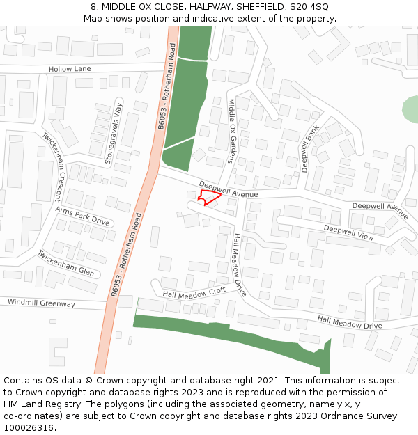 8, MIDDLE OX CLOSE, HALFWAY, SHEFFIELD, S20 4SQ: Location map and indicative extent of plot