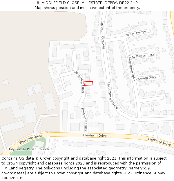 8, MIDDLEFIELD CLOSE, ALLESTREE, DERBY, DE22 2HP: Location map and indicative extent of plot
