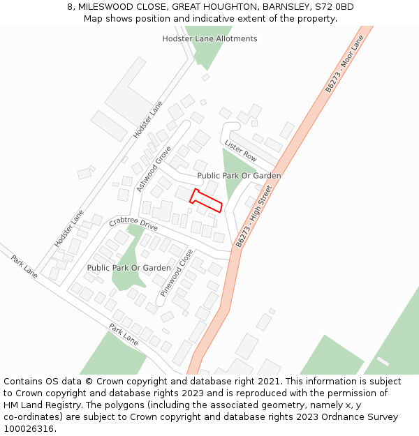 8, MILESWOOD CLOSE, GREAT HOUGHTON, BARNSLEY, S72 0BD: Location map and indicative extent of plot