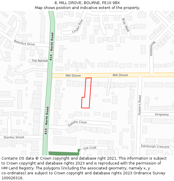8, MILL DROVE, BOURNE, PE10 9BX: Location map and indicative extent of plot