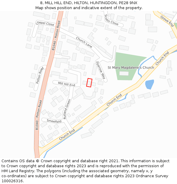 8, MILL HILL END, HILTON, HUNTINGDON, PE28 9NX: Location map and indicative extent of plot