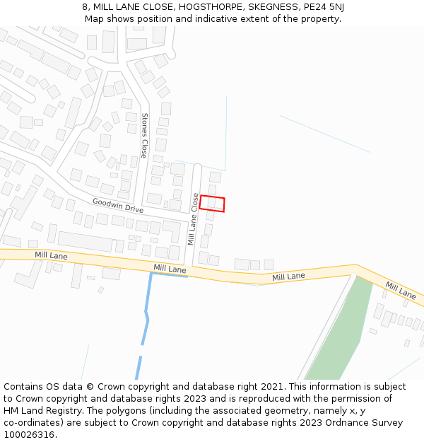 8, MILL LANE CLOSE, HOGSTHORPE, SKEGNESS, PE24 5NJ: Location map and indicative extent of plot