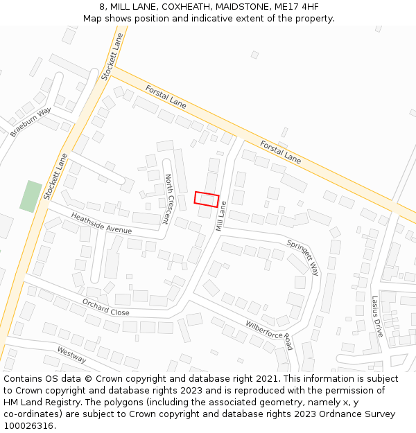8, MILL LANE, COXHEATH, MAIDSTONE, ME17 4HF: Location map and indicative extent of plot