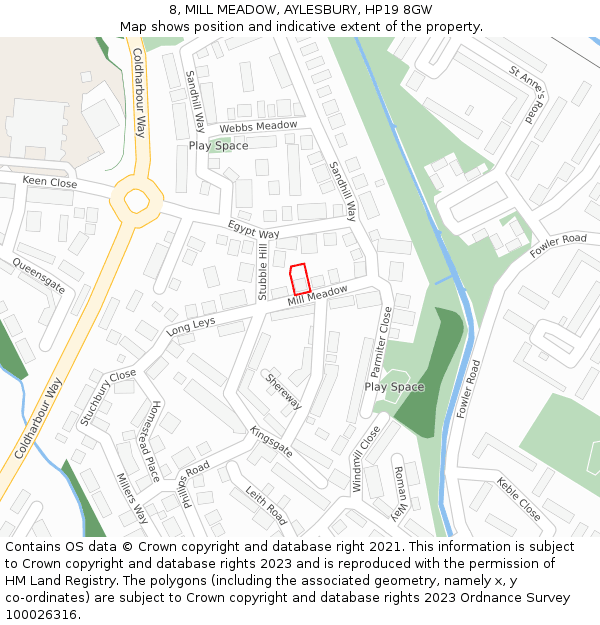 8, MILL MEADOW, AYLESBURY, HP19 8GW: Location map and indicative extent of plot