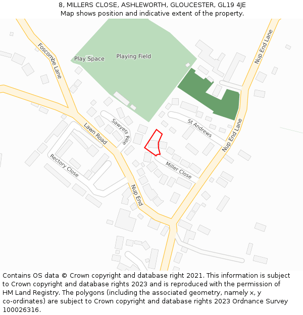 8, MILLERS CLOSE, ASHLEWORTH, GLOUCESTER, GL19 4JE: Location map and indicative extent of plot