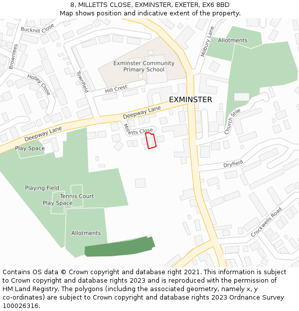 8, MILLETTS CLOSE, EXMINSTER, EXETER, EX6 8BD: Location map and indicative extent of plot