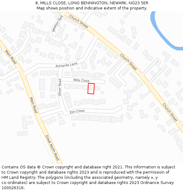 8, MILLS CLOSE, LONG BENNINGTON, NEWARK, NG23 5ER: Location map and indicative extent of plot