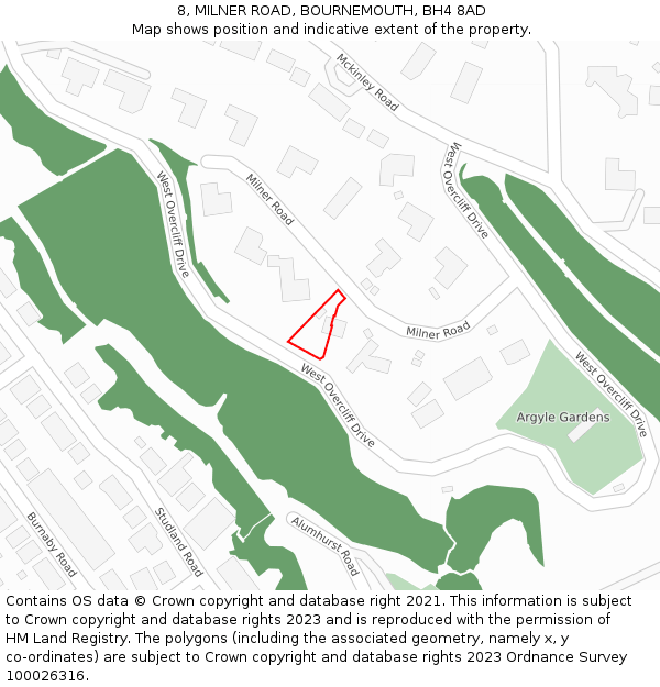 8, MILNER ROAD, BOURNEMOUTH, BH4 8AD: Location map and indicative extent of plot