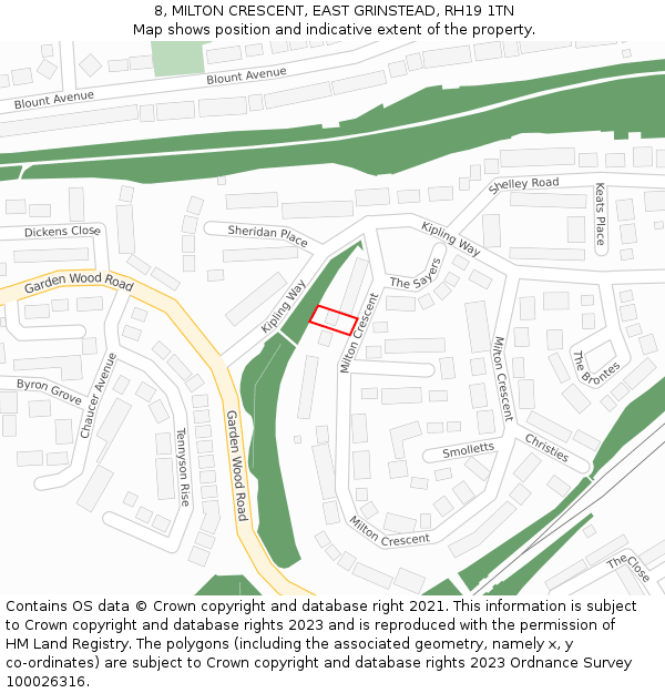 8, MILTON CRESCENT, EAST GRINSTEAD, RH19 1TN: Location map and indicative extent of plot