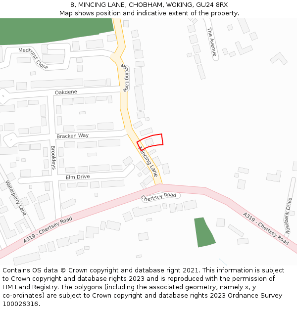 8, MINCING LANE, CHOBHAM, WOKING, GU24 8RX: Location map and indicative extent of plot
