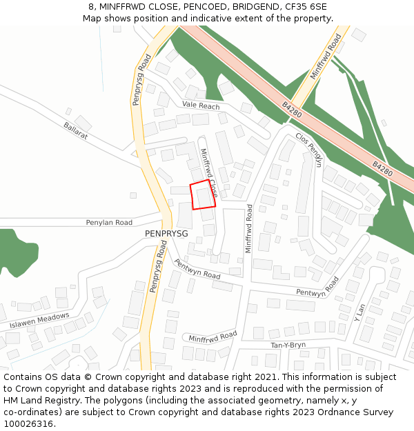8, MINFFRWD CLOSE, PENCOED, BRIDGEND, CF35 6SE: Location map and indicative extent of plot