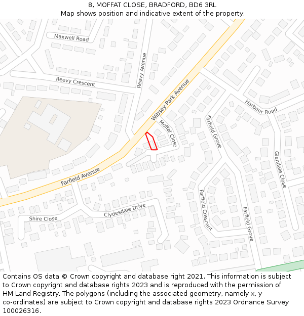8, MOFFAT CLOSE, BRADFORD, BD6 3RL: Location map and indicative extent of plot