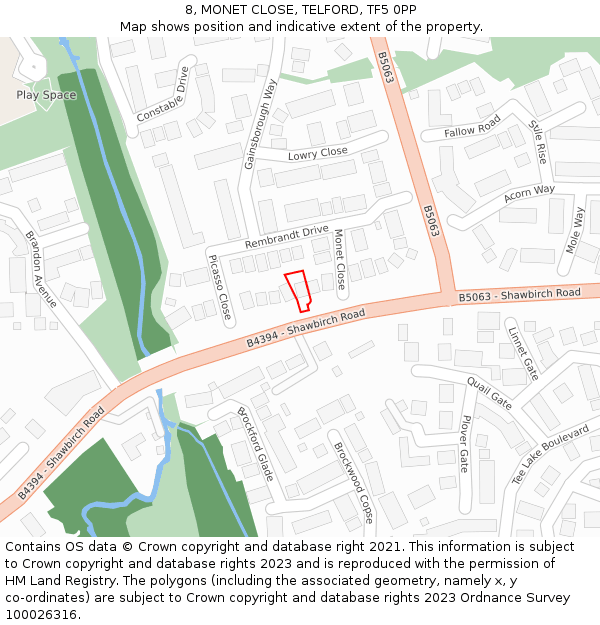 8, MONET CLOSE, TELFORD, TF5 0PP: Location map and indicative extent of plot