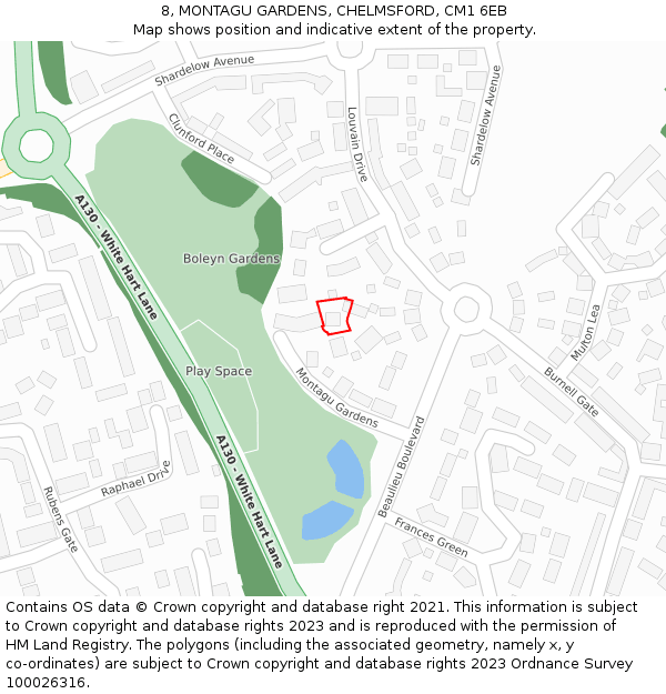 8, MONTAGU GARDENS, CHELMSFORD, CM1 6EB: Location map and indicative extent of plot