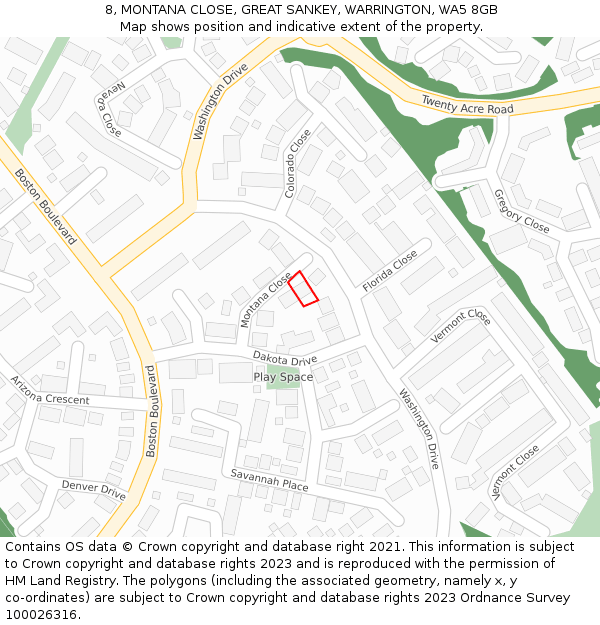 8, MONTANA CLOSE, GREAT SANKEY, WARRINGTON, WA5 8GB: Location map and indicative extent of plot
