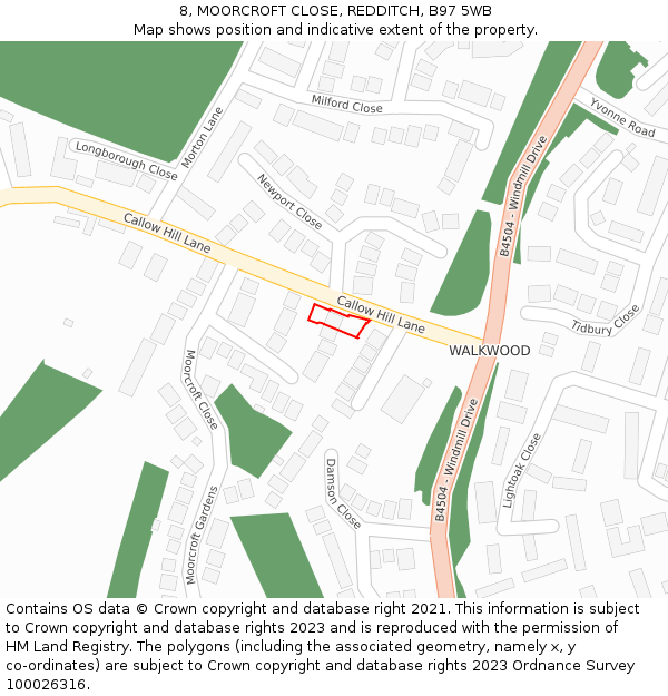 8, MOORCROFT CLOSE, REDDITCH, B97 5WB: Location map and indicative extent of plot