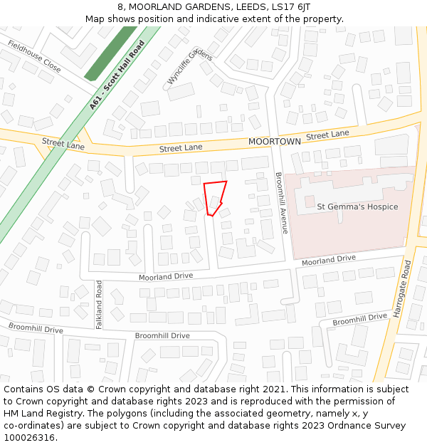 8, MOORLAND GARDENS, LEEDS, LS17 6JT: Location map and indicative extent of plot