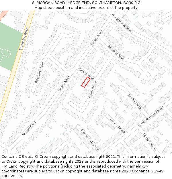 8, MORGAN ROAD, HEDGE END, SOUTHAMPTON, SO30 0JG: Location map and indicative extent of plot