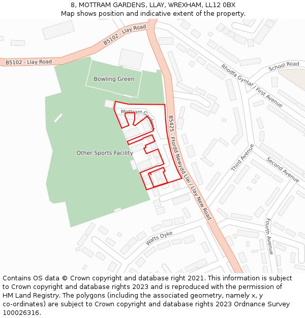 8, MOTTRAM GARDENS, LLAY, WREXHAM, LL12 0BX: Location map and indicative extent of plot