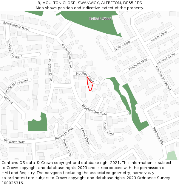 8, MOULTON CLOSE, SWANWICK, ALFRETON, DE55 1ES: Location map and indicative extent of plot