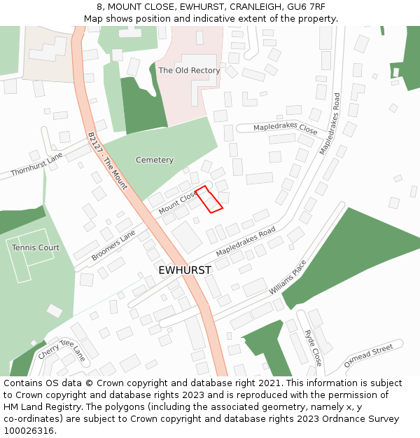 8, MOUNT CLOSE, EWHURST, CRANLEIGH, GU6 7RF: Location map and indicative extent of plot