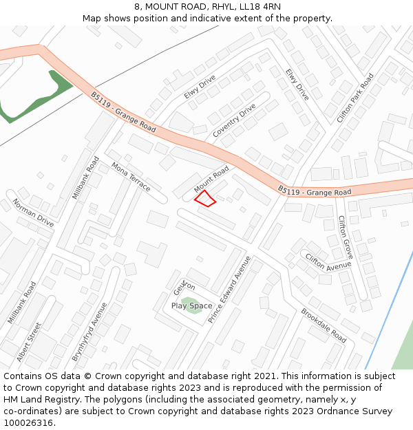 8, MOUNT ROAD, RHYL, LL18 4RN: Location map and indicative extent of plot