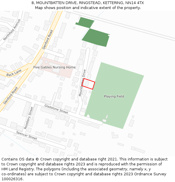 8, MOUNTBATTEN DRIVE, RINGSTEAD, KETTERING, NN14 4TX: Location map and indicative extent of plot