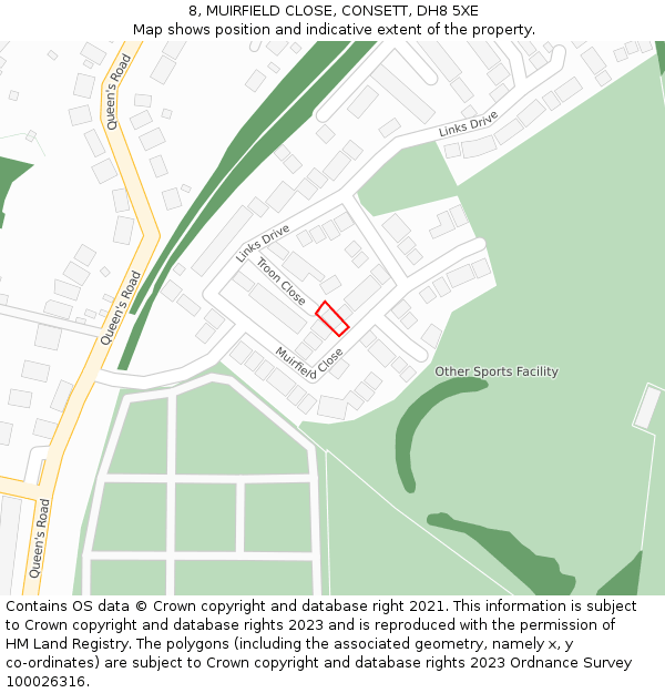 8, MUIRFIELD CLOSE, CONSETT, DH8 5XE: Location map and indicative extent of plot