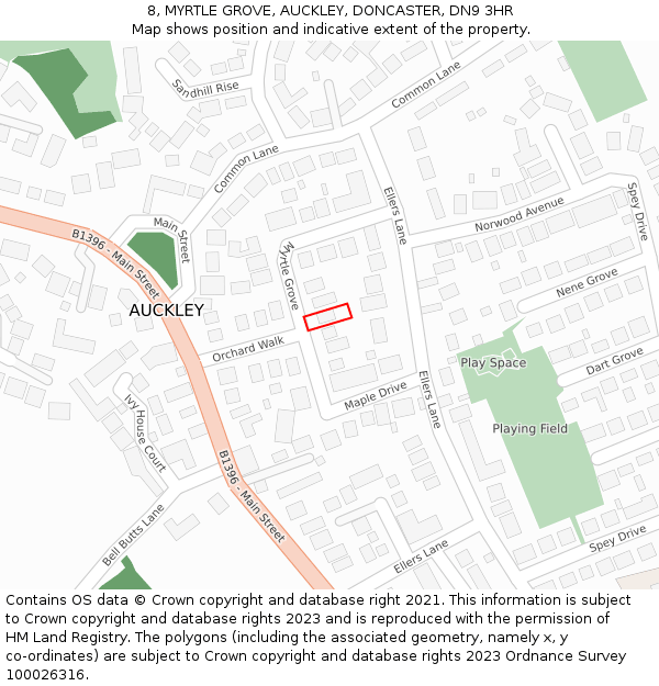 8, MYRTLE GROVE, AUCKLEY, DONCASTER, DN9 3HR: Location map and indicative extent of plot