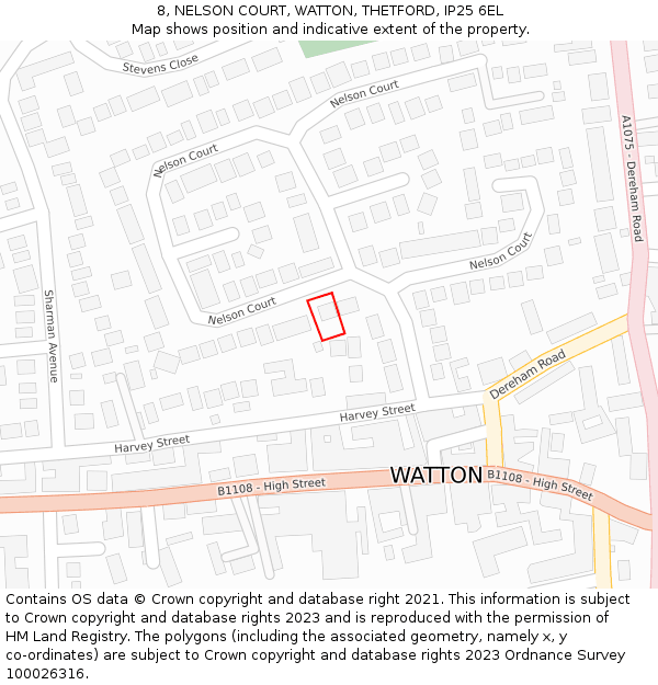 8, NELSON COURT, WATTON, THETFORD, IP25 6EL: Location map and indicative extent of plot