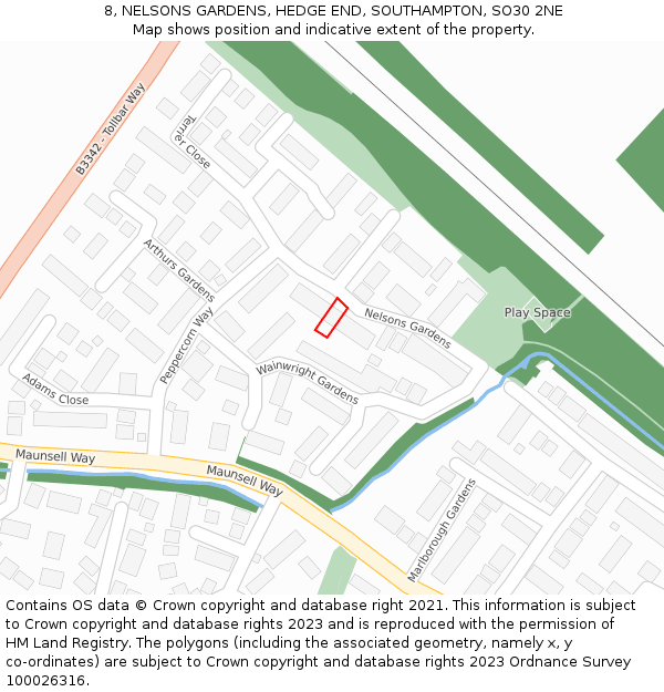 8, NELSONS GARDENS, HEDGE END, SOUTHAMPTON, SO30 2NE: Location map and indicative extent of plot