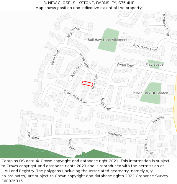 8, NEW CLOSE, SILKSTONE, BARNSLEY, S75 4HF: Location map and indicative extent of plot