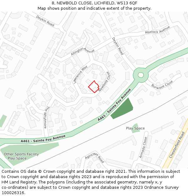 8, NEWBOLD CLOSE, LICHFIELD, WS13 6QF: Location map and indicative extent of plot