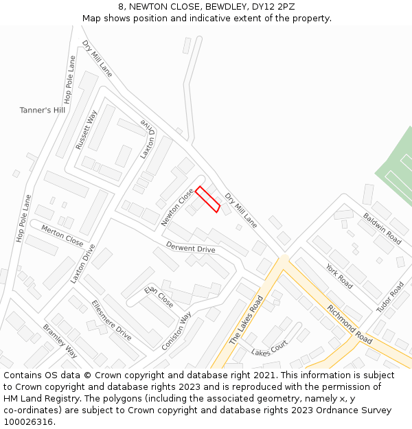 8, NEWTON CLOSE, BEWDLEY, DY12 2PZ: Location map and indicative extent of plot