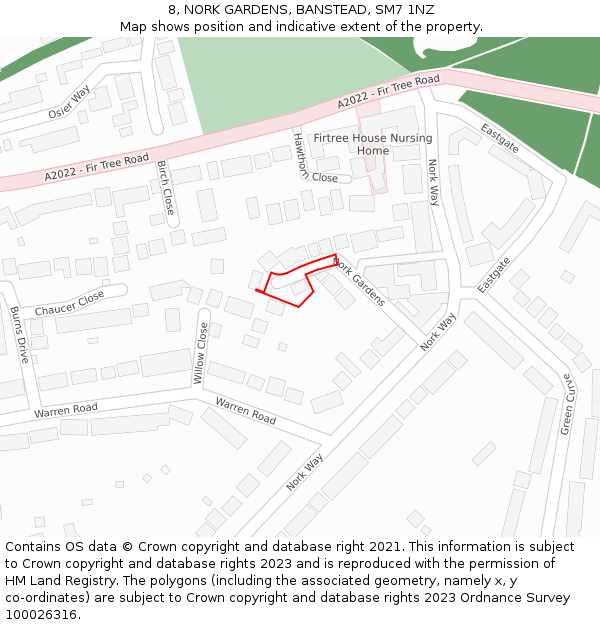 8, NORK GARDENS, BANSTEAD, SM7 1NZ: Location map and indicative extent of plot