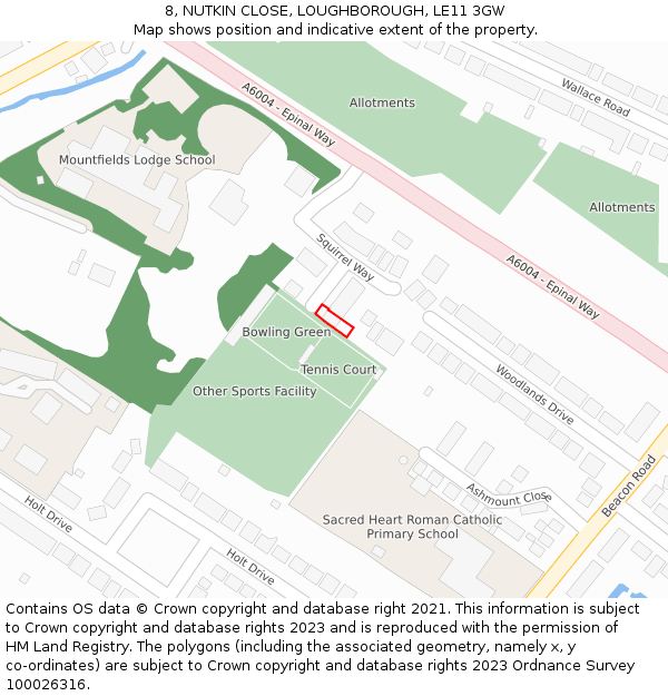 8, NUTKIN CLOSE, LOUGHBOROUGH, LE11 3GW: Location map and indicative extent of plot