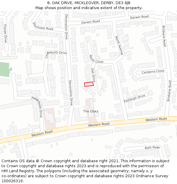 8, OAK DRIVE, MICKLEOVER, DERBY, DE3 9JB: Location map and indicative extent of plot
