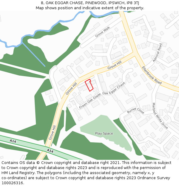 8, OAK EGGAR CHASE, PINEWOOD, IPSWICH, IP8 3TJ: Location map and indicative extent of plot