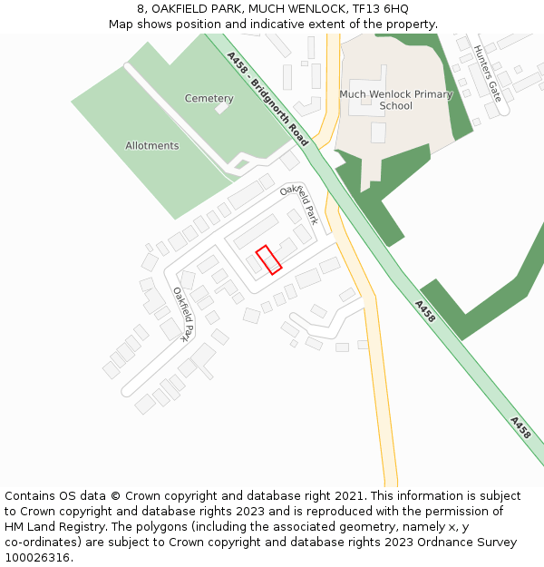 8, OAKFIELD PARK, MUCH WENLOCK, TF13 6HQ: Location map and indicative extent of plot