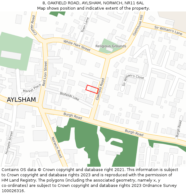 8, OAKFIELD ROAD, AYLSHAM, NORWICH, NR11 6AL: Location map and indicative extent of plot