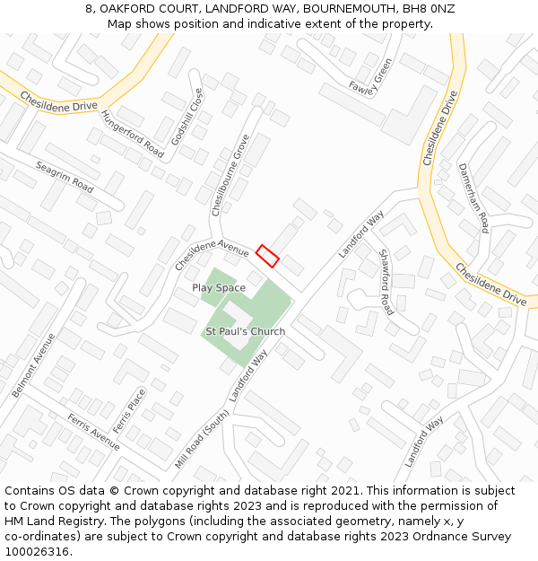 8, OAKFORD COURT, LANDFORD WAY, BOURNEMOUTH, BH8 0NZ: Location map and indicative extent of plot