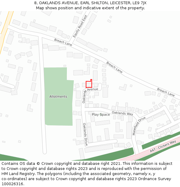 8, OAKLANDS AVENUE, EARL SHILTON, LEICESTER, LE9 7JX: Location map and indicative extent of plot