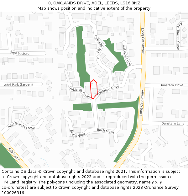 8, OAKLANDS DRIVE, ADEL, LEEDS, LS16 8NZ: Location map and indicative extent of plot