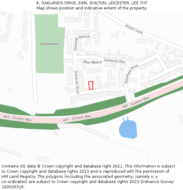 8, OAKLANDS DRIVE, EARL SHILTON, LEICESTER, LE9 7HT: Location map and indicative extent of plot