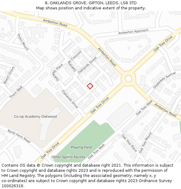 8, OAKLANDS GROVE, GIPTON, LEEDS, LS8 3TD: Location map and indicative extent of plot