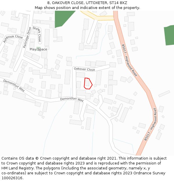 8, OAKOVER CLOSE, UTTOXETER, ST14 8XZ: Location map and indicative extent of plot