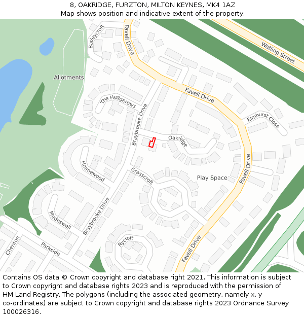 8, OAKRIDGE, FURZTON, MILTON KEYNES, MK4 1AZ: Location map and indicative extent of plot