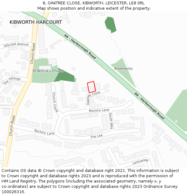 8, OAKTREE CLOSE, KIBWORTH, LEICESTER, LE8 0RL: Location map and indicative extent of plot