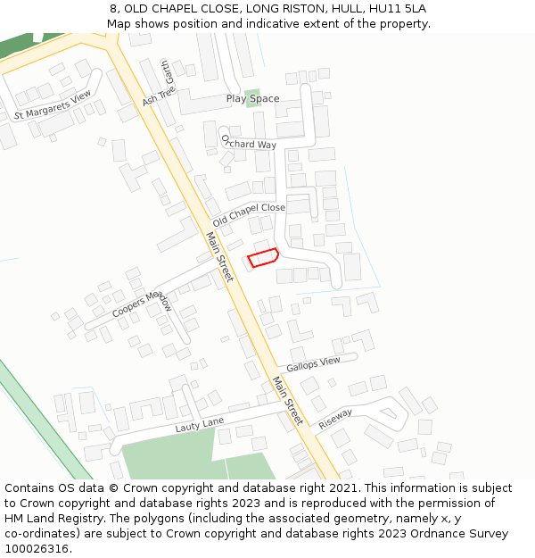 8, OLD CHAPEL CLOSE, LONG RISTON, HULL, HU11 5LA: Location map and indicative extent of plot
